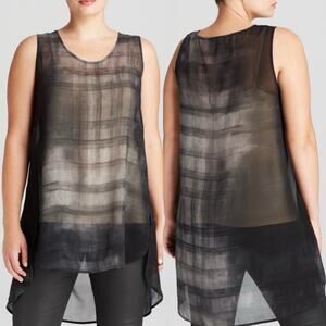 Eileen Fisher 100% silk XL Gray Sheer Curved Hem Sleeveless Hi-Lo Top Tunic